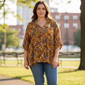 Avenue Blouse | Size 30/32 | Mustard Boho Paisley Button Front Top
